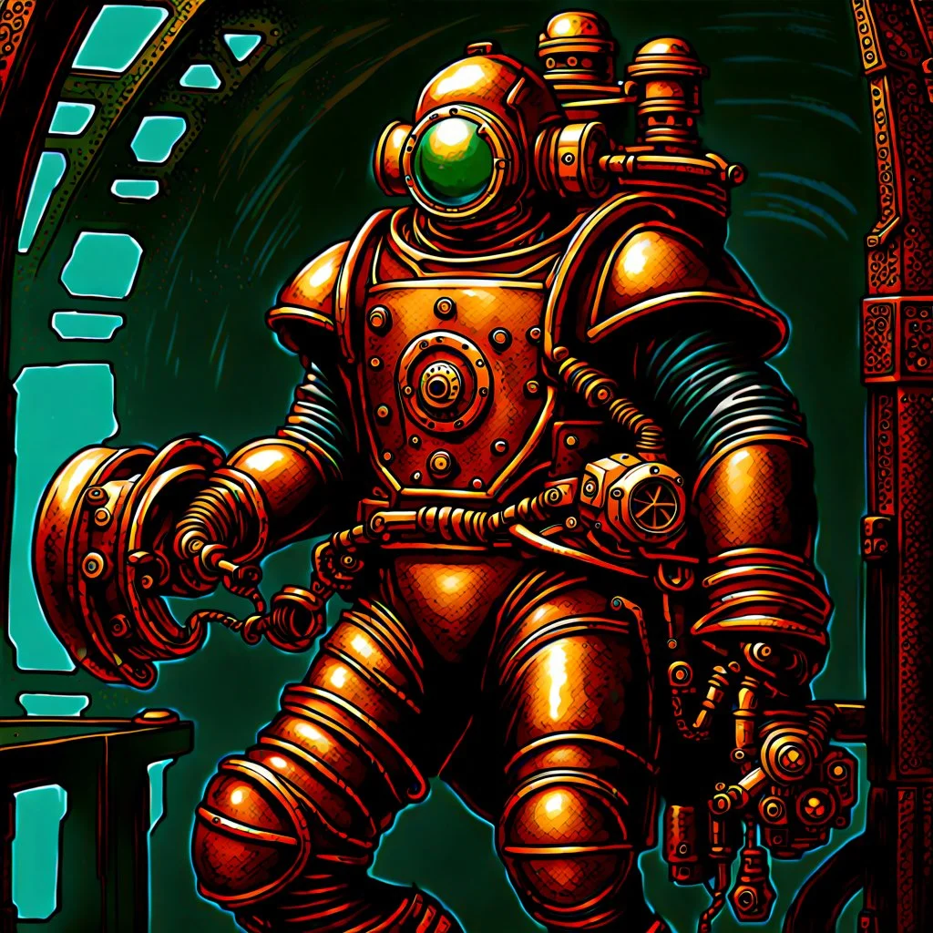 90's TCG art retro scifi art of a steampunk diver with big armor