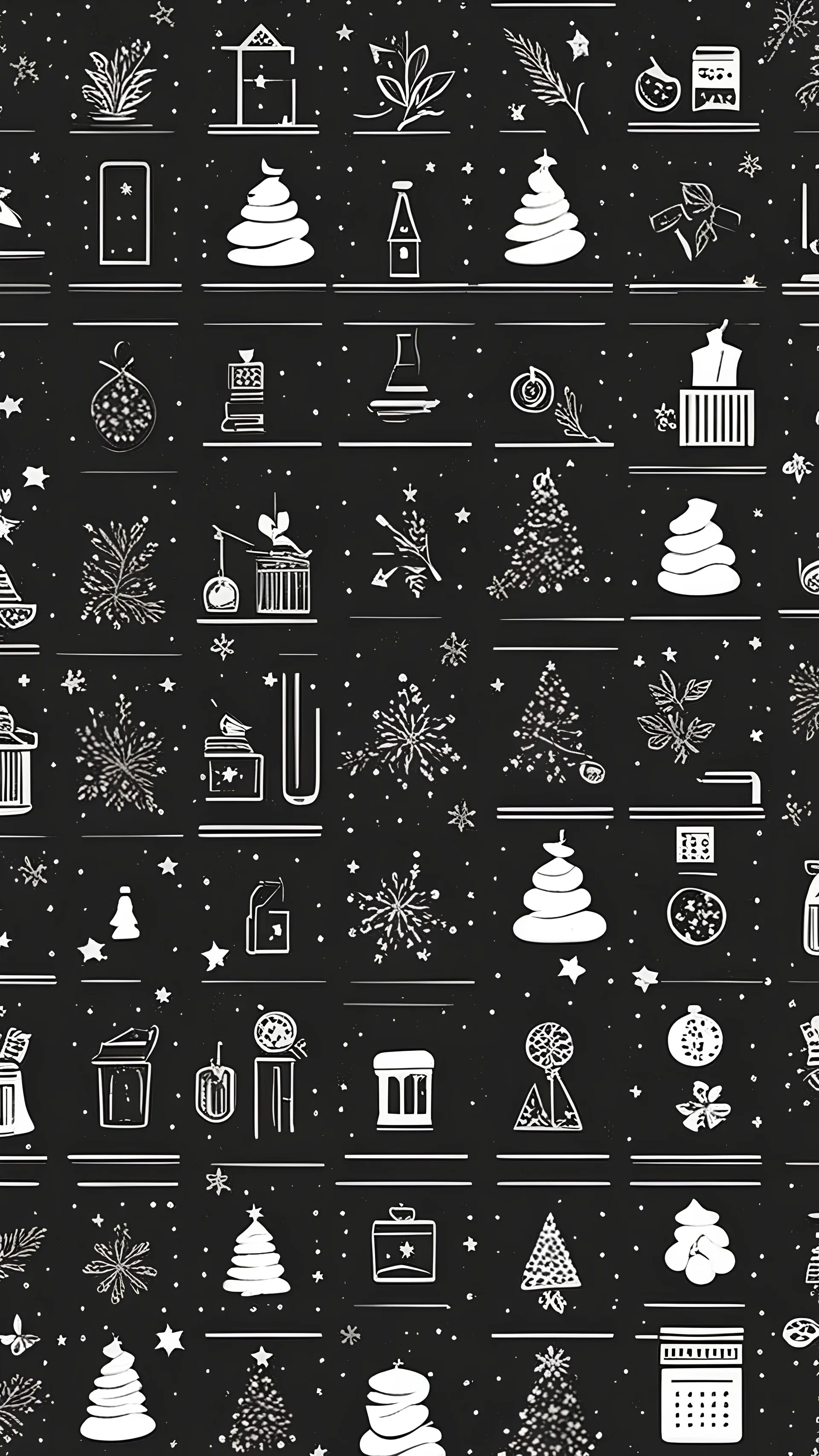 minimalist, wallpaper design, black background, dark, small Christmas stamp like illustrations