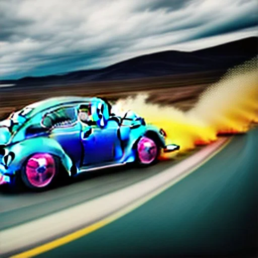 jet-fighter vw-beetle hybrid, retrofuturistic, phototrealism, in flight, one subject,