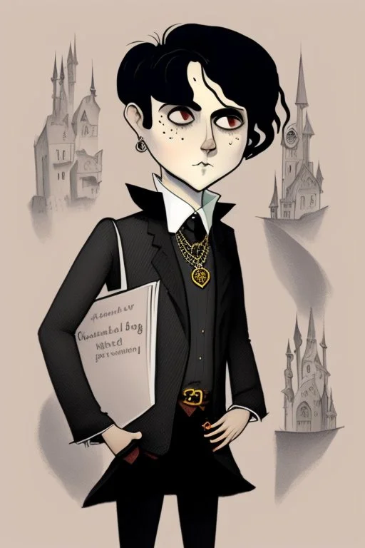 black haired young man wizard with gothic jewelry in the style of charles addams