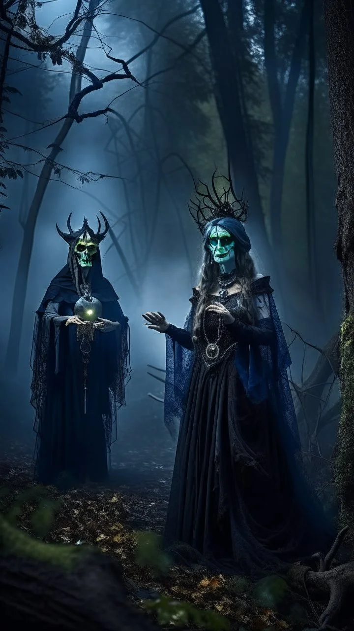 Halloween Cthulhu portrait of merciless medieval countess and her creepy sister, clawed hands, full moon, mist, mist creatures, in dark forest grove, down-light, shot on Hasselblad h6d-400c, zeiss prime lens, bokeh like f/0.8, tilt-shift lens 8k, high detail, smooth render, down-light, unreal engine, prize winning