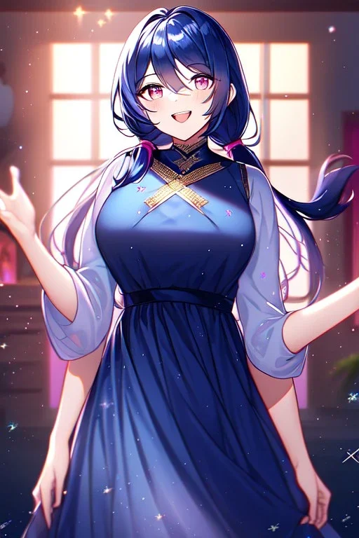 girl, masterpiece, best quality, cinematic lighting, detailed outfit, vibrant colors, perfect eyes, dark blue hair, pink eyes, long hair, low ponytail, dark blue dress, sparkle, depth of field, indoors, god rays, glowing light, ray tracing, laughing,