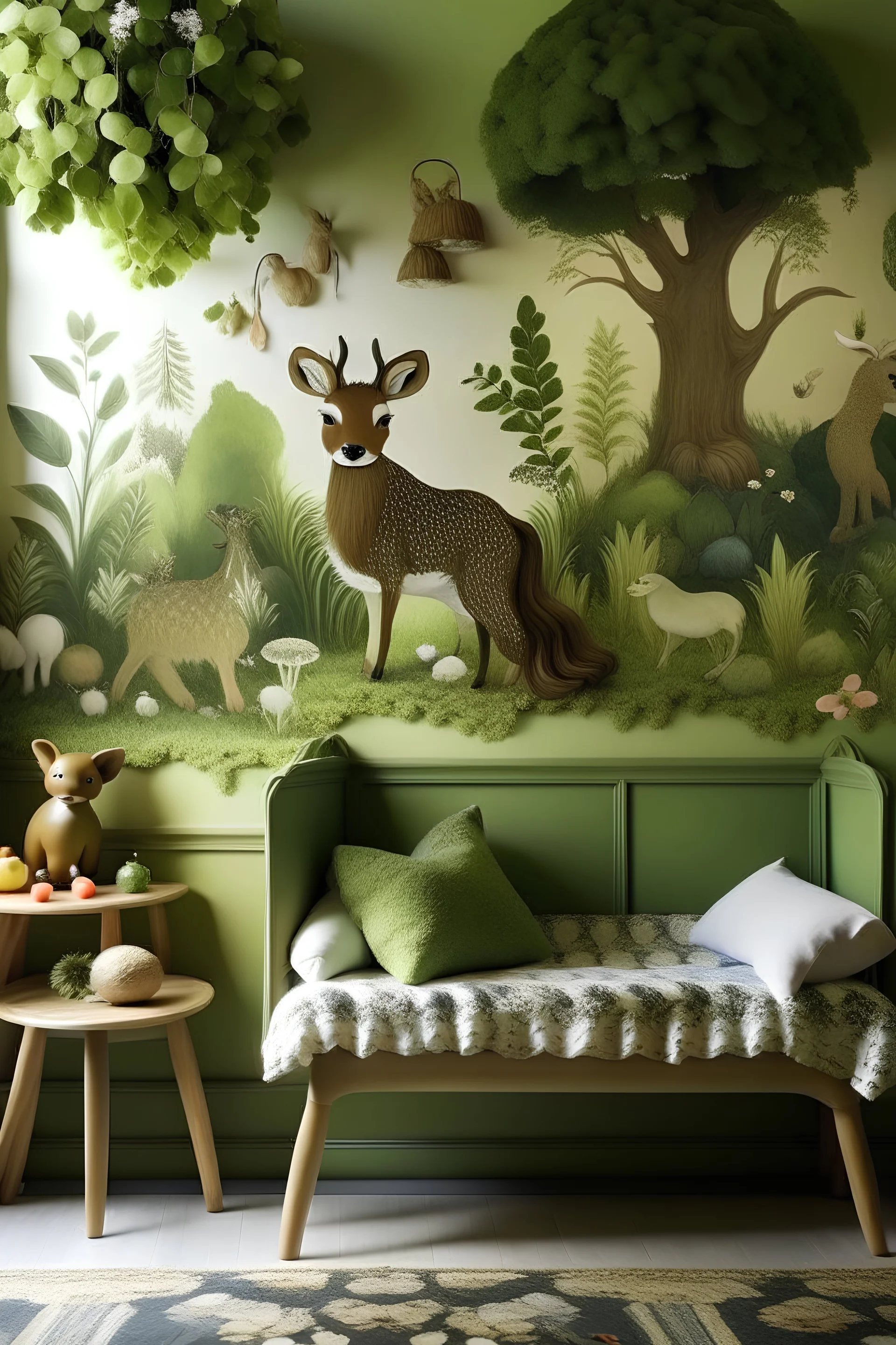 Bring the enchantment of a woodland scene to life with a combination of earthy tones, vibrant greens, and delicate forest creatures, creating a whimsical and magical atmosphere.