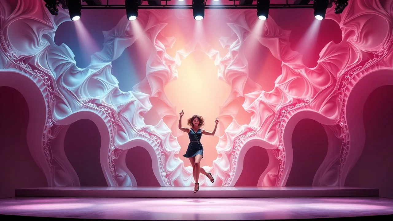 modern stage with a beautiful lady in modern clothing dancing, 3D recursive fractal structure animating background