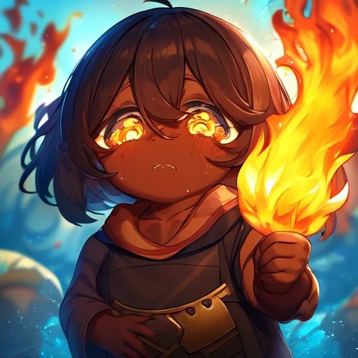 Clear focus, High resolution, {{masterpiece}}, {{ultra detailed}}, {ultra quality}, {dramatic shadows}, {cinematic lighting}, intricate expression, rough line, child, cute, in the air, hair between eyes, crying, fire, brown skin