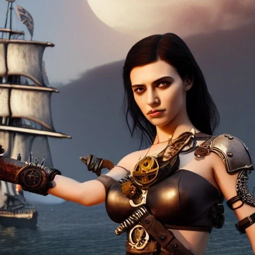 realistic, young model with sword, short black hair flowing. holding a sword. black tatoo on arm. dressed a steampunk pirate, bra with carved leather. Salvador dalì style. Ships in background with high details. 4k, unreal engine. Am owl is flying