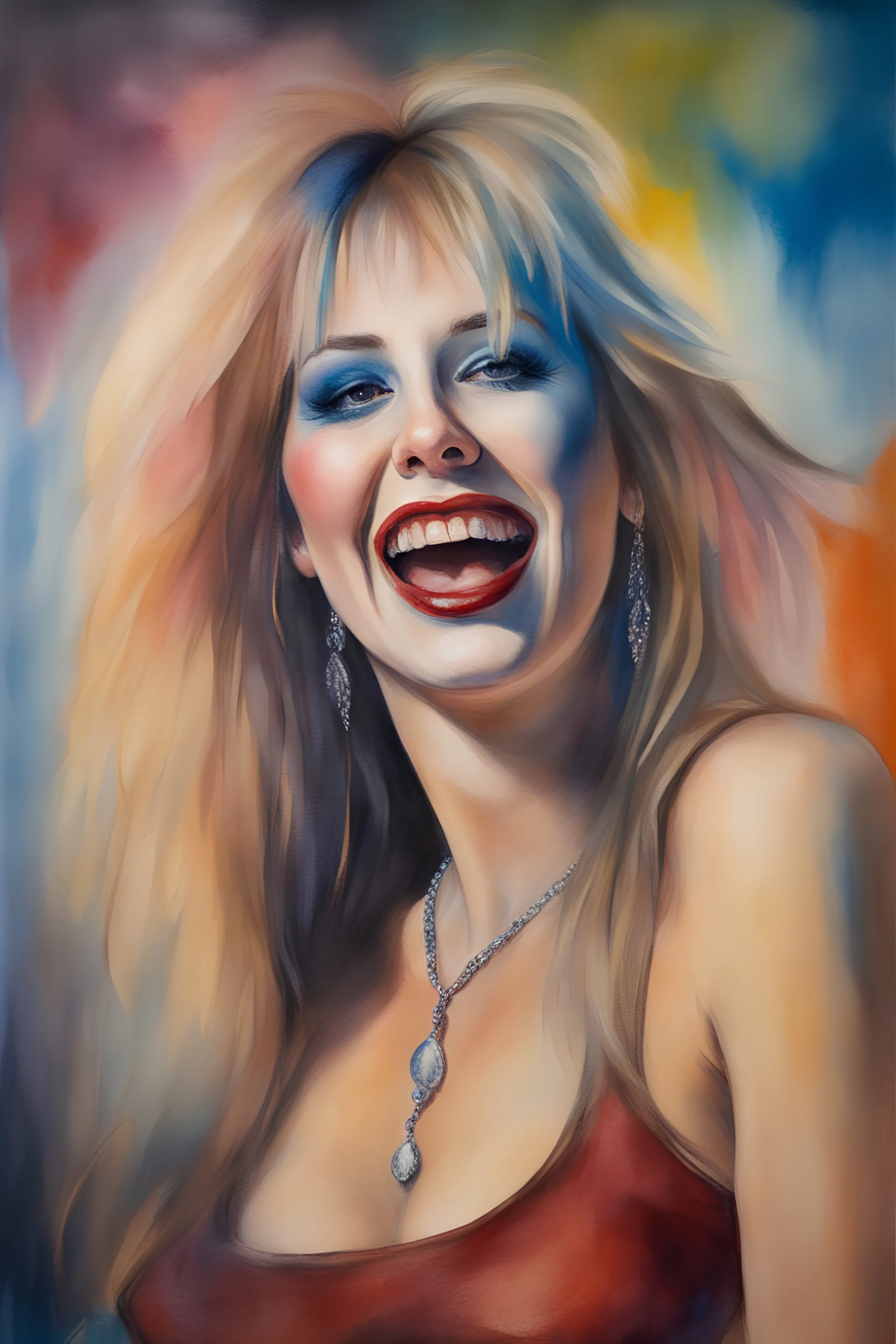 head and shoulders portrait, Charlotte the Motley Crue harlot - well-shaped, perfect figure, perfect face, laughing, a multicolored, watercolor stained, wall in the background, oil painting in the art style of Norman Rockwell, 4k, 8k, 32k UHD, Hyper realistic, extremely colorful, vibrant, photorealistic, realistic, sharp, highly detailed, professional quality, beautiful, awesome, majestic, superb, trending on artstation, pleasing, lovely, Cinematic, gorgeous, Real, Life like, Highly detailed,