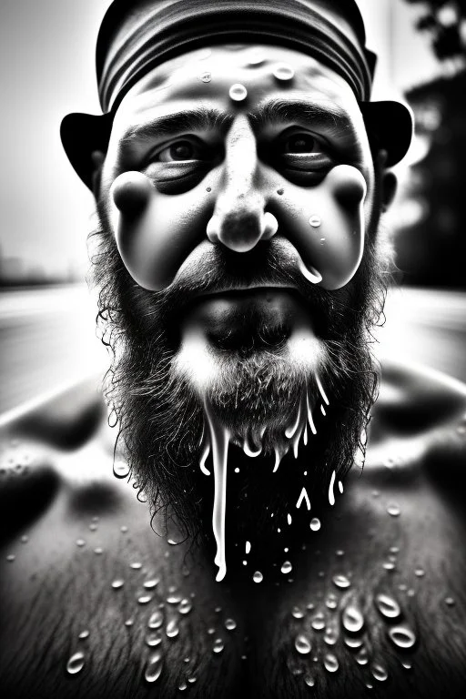 close up photography, dirty burly chubby Italian strong 48 years old homeless man, full of splashing milk in the face dripping on the beard, with dirty tank top, emotional eyes, manly chest, photo, Canon EOS, lens 35mm, natural lights, 8K, in the morning