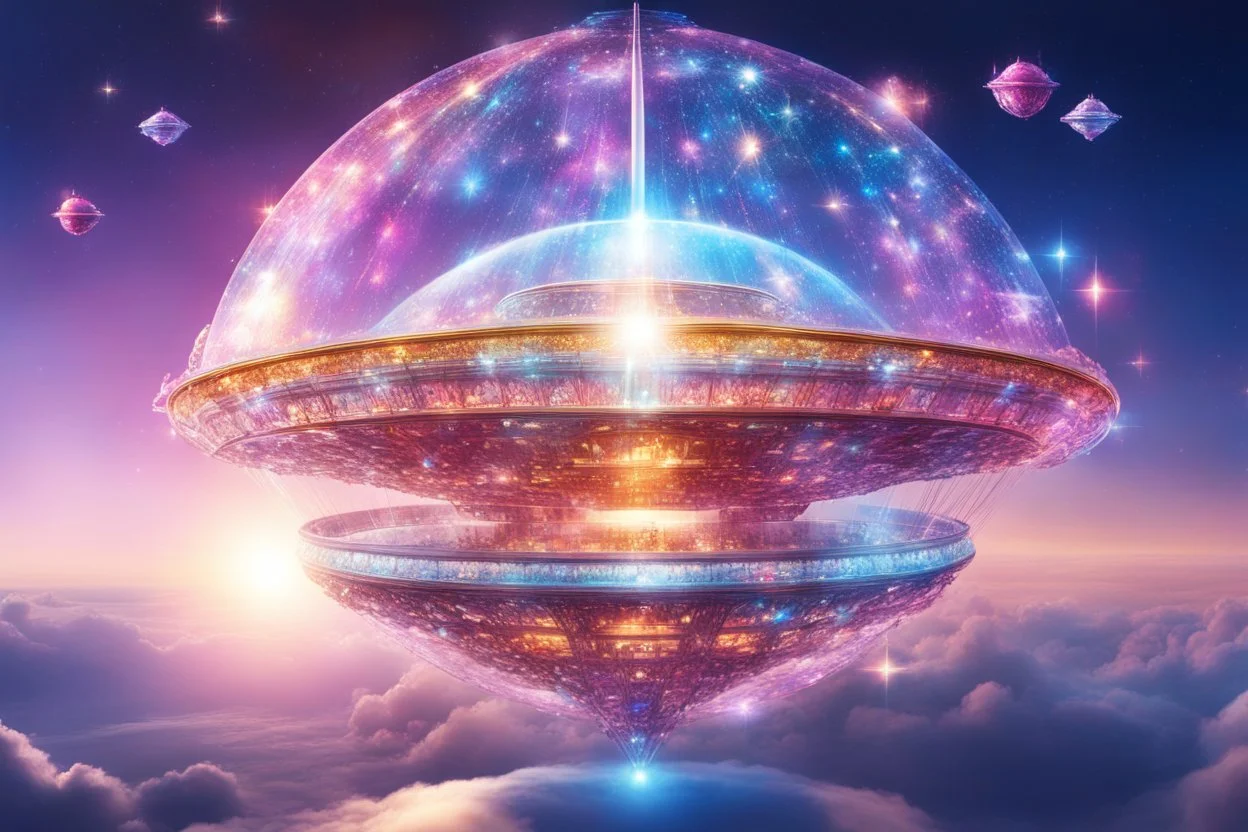 a cosmic beautiful DISH SPACESHIP made of crystals and light is flyng INA MAGIC BRIGHT SKY OF A GALAXY. IT IS PASSED BY A VERTICAL SHINE FROM TOP TO BOTTOM. IT'S FLYNG ON A FAIRY Landscape