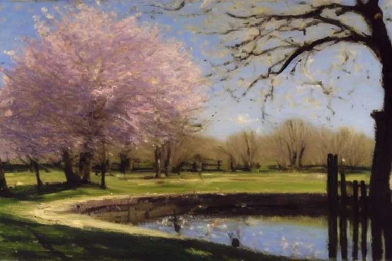 amazing sunny spring day, trees, flowers, fence, little pond, philip wilson steer impressionism painting