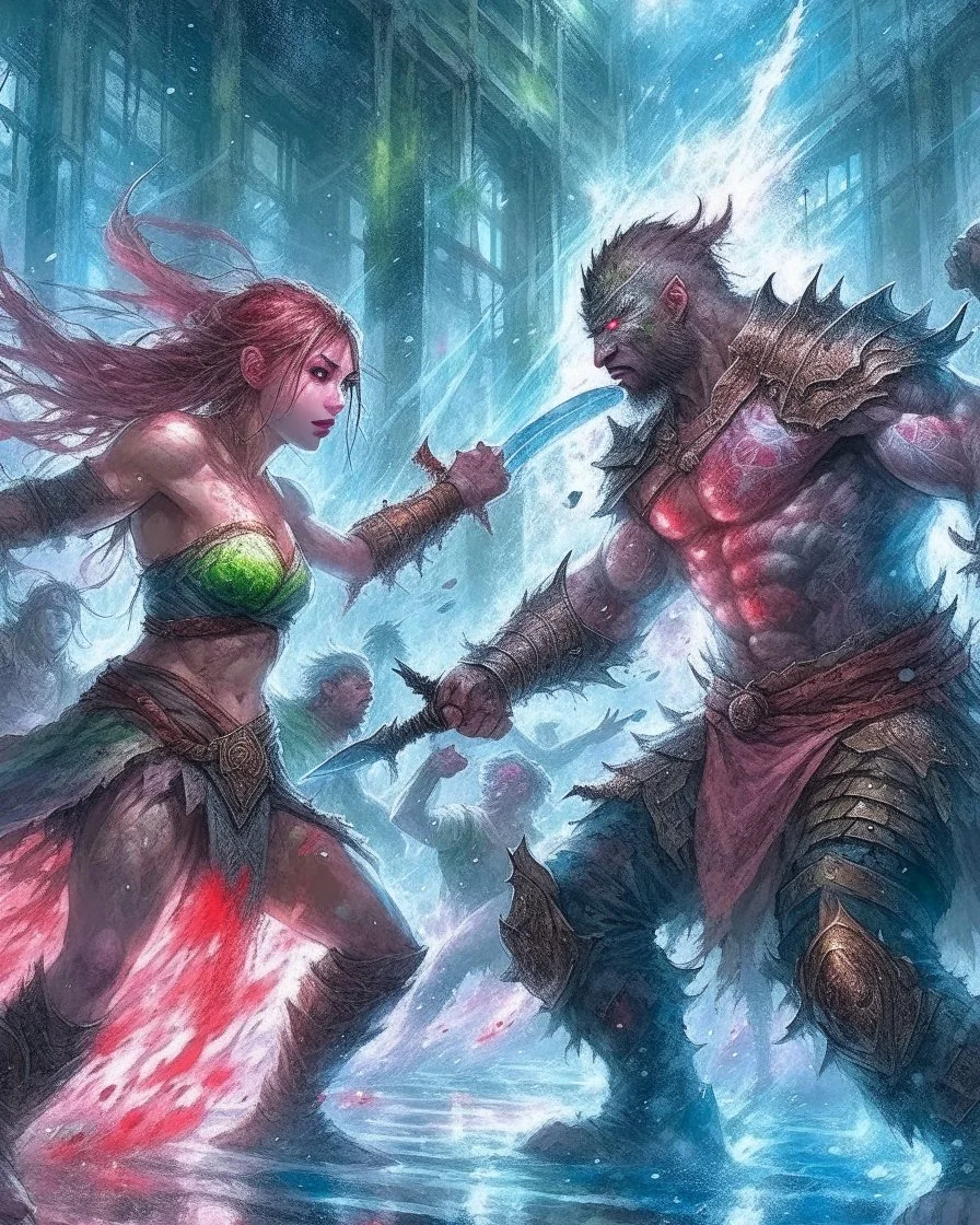 Beautiful adventuress fighting against an orc in a dim dungeon. Blood splatters and wounds. , Luis Royo, Clint Cearley, Daarken, Jeremy Mann, hyper-detailed, hyperrealistic, digital art, detailed background, fairy tale, cinematic, vibrant pastel colours