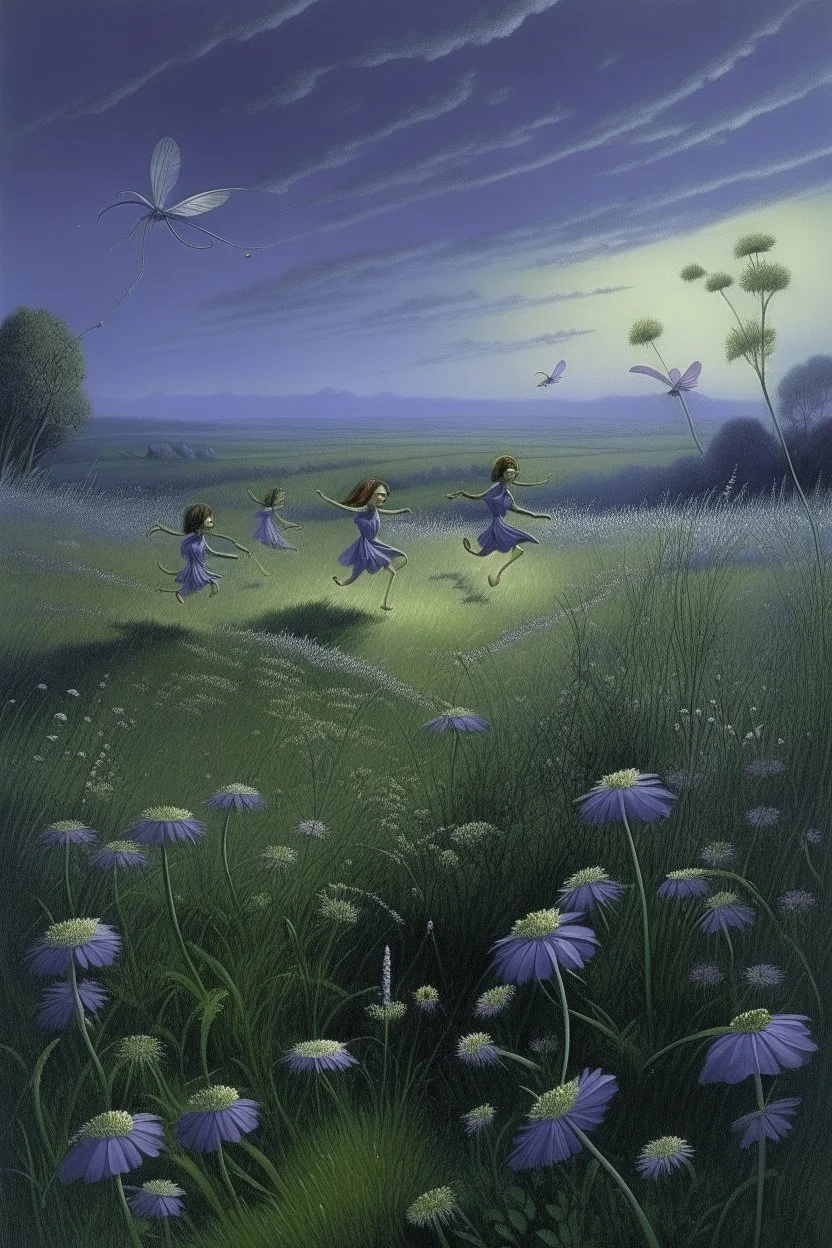 A grayish purple floral grassland with fairies painted by Frank Wilson