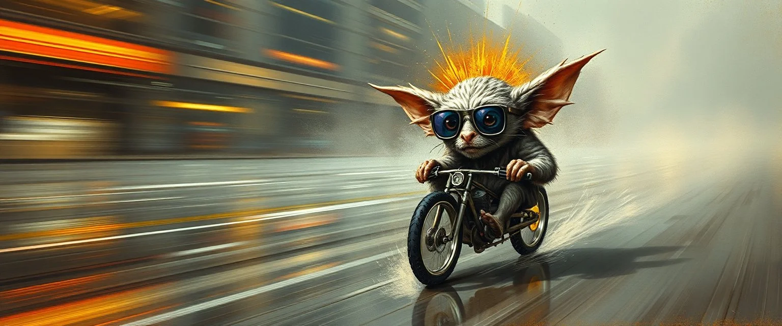 master oil painting by Rembrandt, the tilted quilter,glasses and ticks, cyberpunk imagery synchronized stylized fluffy gremlin with wolf rat aura laying low with drumming kit flat power trike , wet reflective salt flat city, fast motion blur background