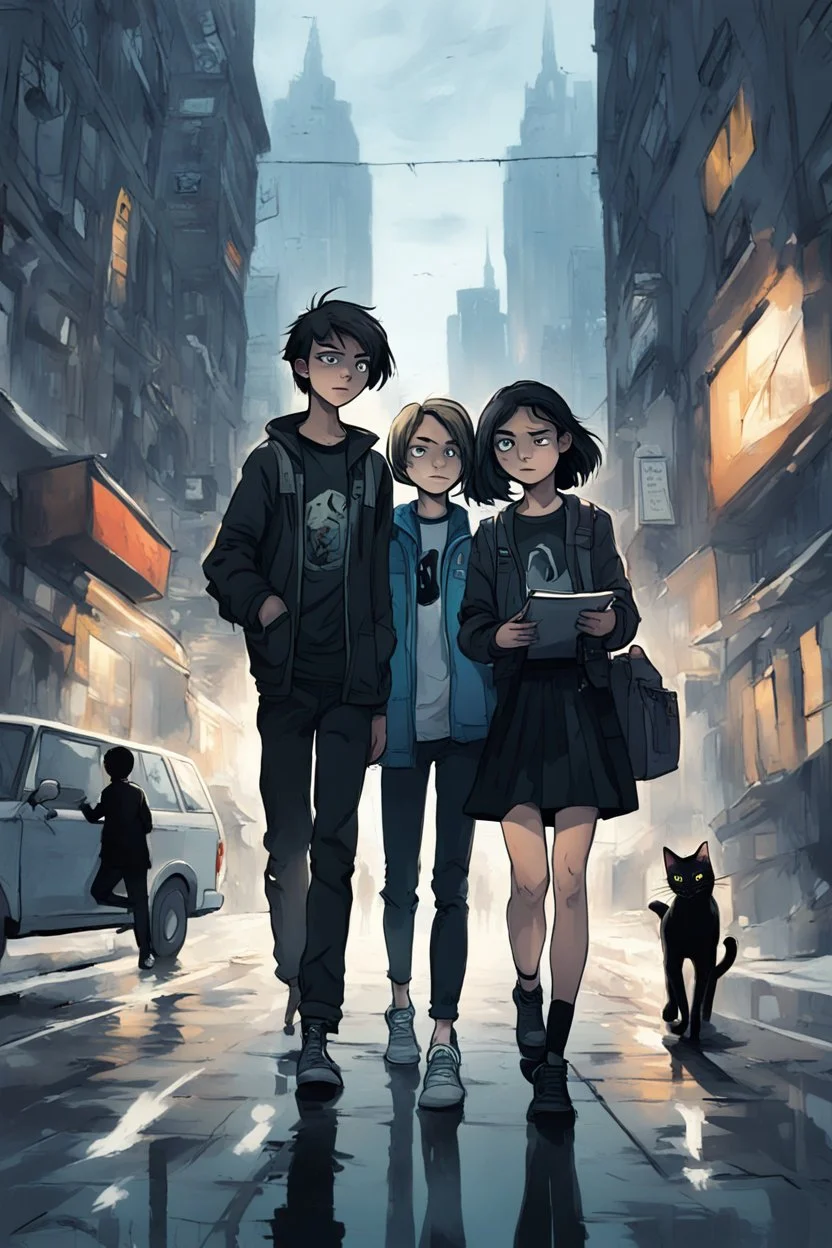 Create a book cover visualization. Against a dark urban underground backdrop, place three fearless teenagers in different characteristic poses, expressing determination. Next to them, position a mysterious black cat with ominous eyes, looking towards the viewer. The title 'Behemoth and Computer Zombies' should be centered in a dynamic, somewhat mysterious font. Surrounding the main outline of the cover, add elements related to the book's main themes, such as a computer screen with game ch