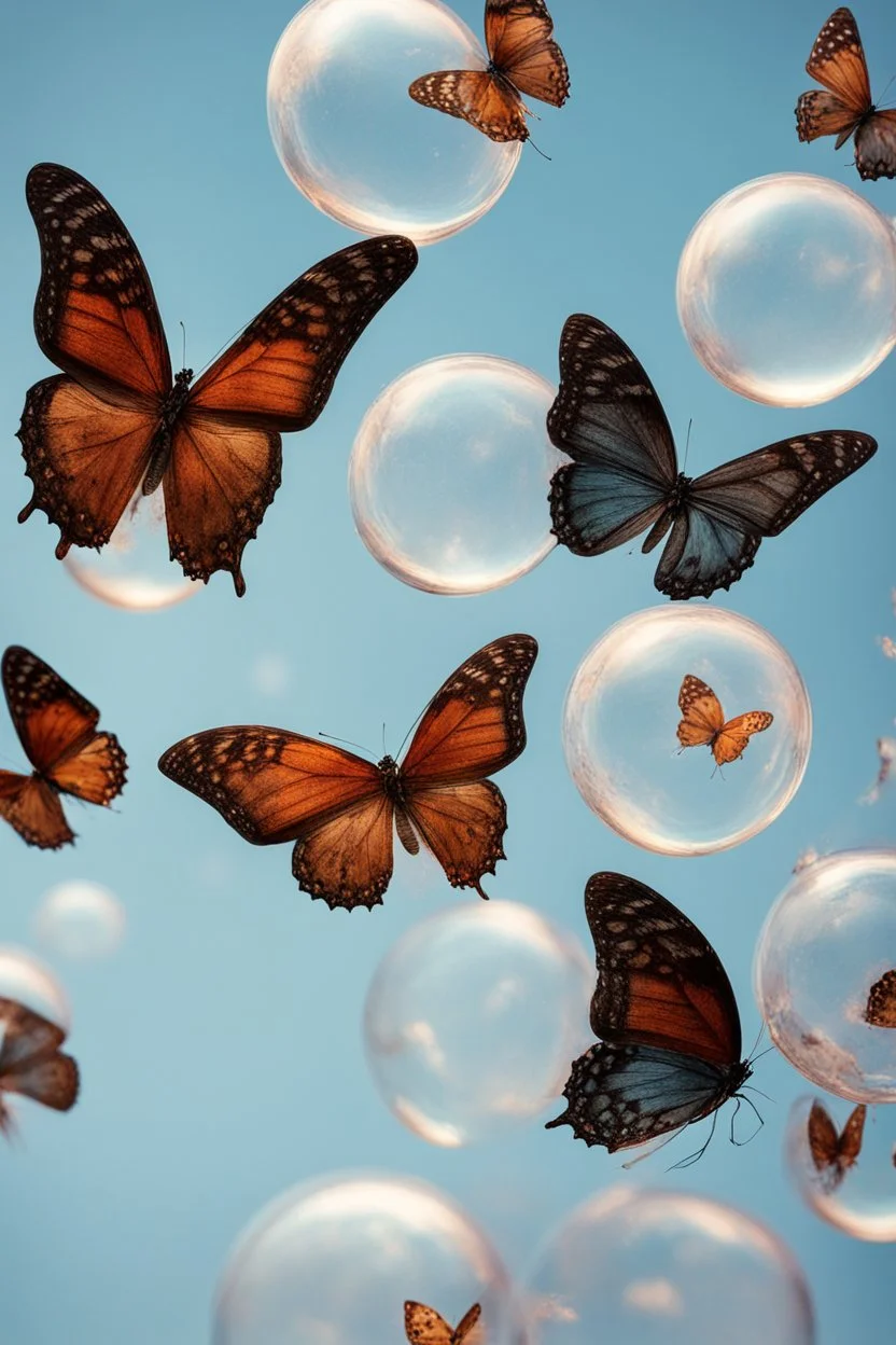 Butterflies in bubble blown up to the sky
