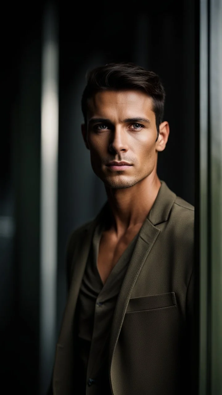 portrait of a 35 year old man very handsome with a sharp Jawline. OLIVE skin. DARK BROWN hair cut short, clean shaven