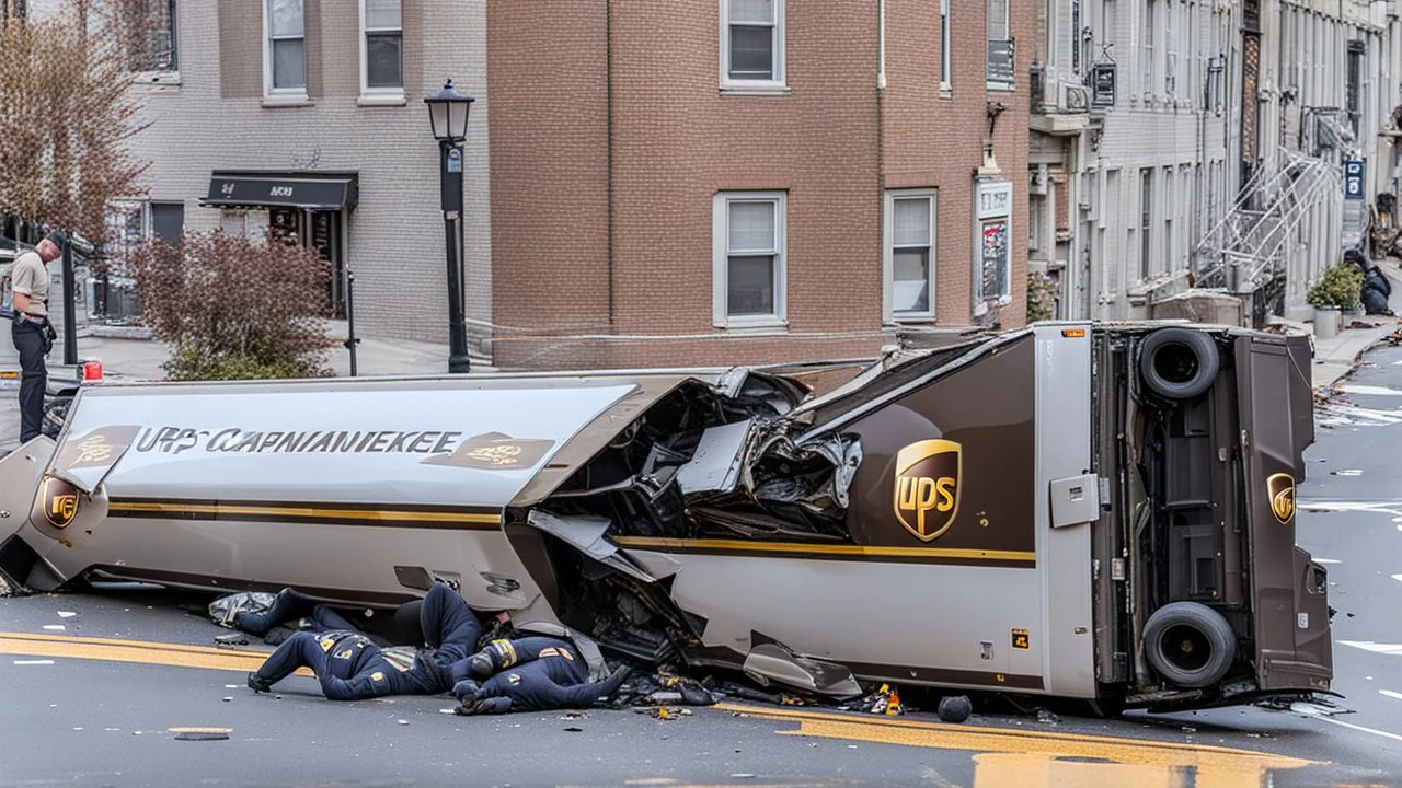 UPS truck crashed and flipped over on busy city street