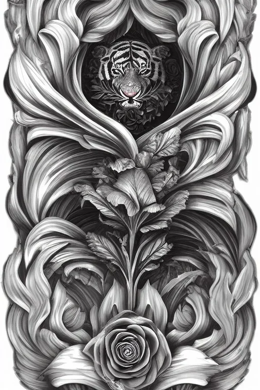 beautiful decorative classical ornamental emblem, spirit tiger, fibonacci rhythms, roses, lilies, rose petals, lily petals, acanthus scrolls, small medium and large elements, artgerm, trending on artstation, wlop, russ abbott