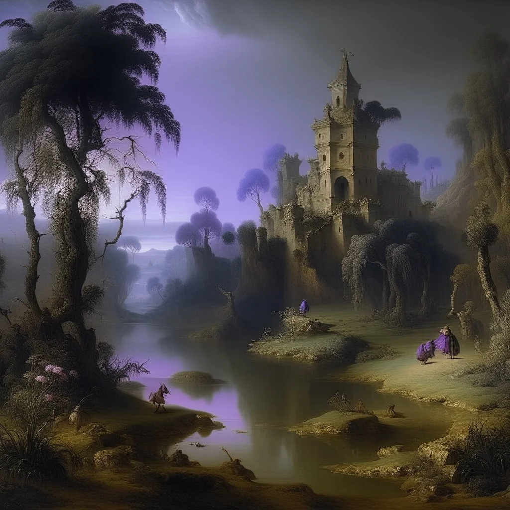 A purple swamp near a haunted castle painted by Giovanni Battista Sassi