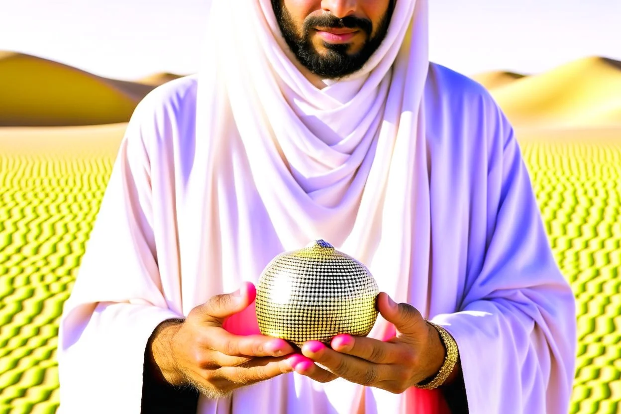 A sheikh dressed in Arab dress holds a palm-sized pearl, silky and shimmering in the desert sunlight.