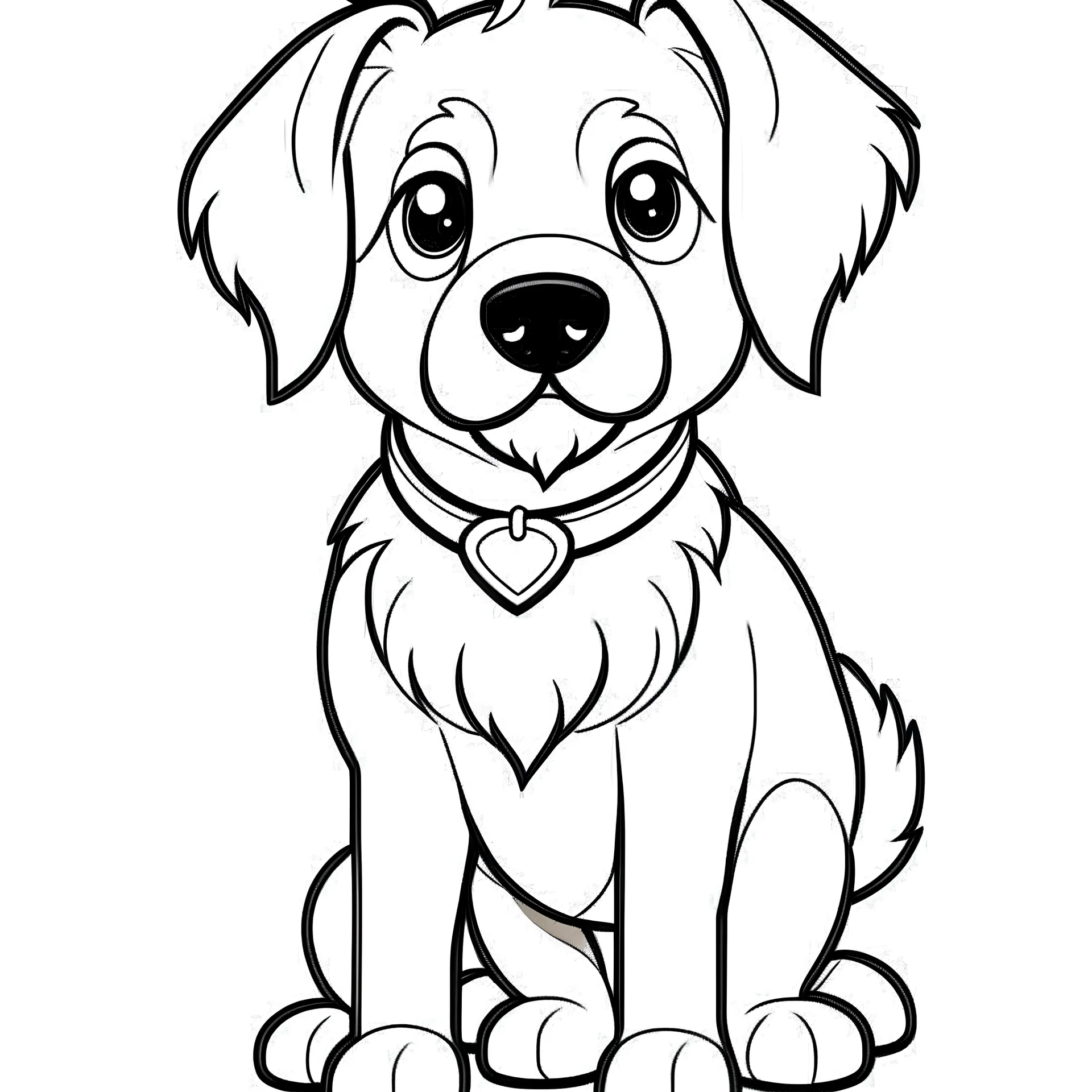 coloring page for kids age 2-5 years, puppy german shepherd ,cartoon style,thick lines, extremely low detail,no shading,no grey color, very simple art,only 2 legs and 2 arms ,white background