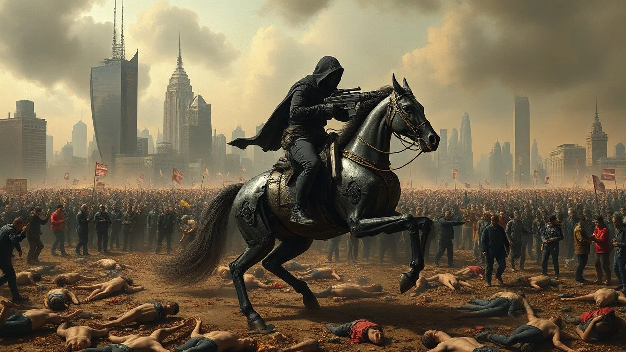 detalied cyberpunk interpretation of Bruegel's "The Triumph of Death", capturing the symbolic "harvest" of humanity with terror. dystopian metropolis under smog sky, cybernetic soliders reapers are executing physical harvest and army of cyberwarrior and robotic soliders many humans citizens killed, many panicking and run away people ,many human bodies lying on the ground. a cyber-death warrior in black hood with futuristic gun on an mechanical robotic horse, thriller, cinematic