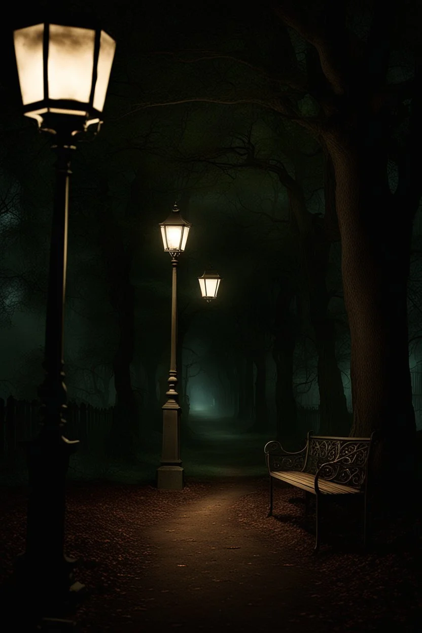 Park at night with lanterns, square bench, and dirt roads, trees, gothic horror films influence, creepy, photography