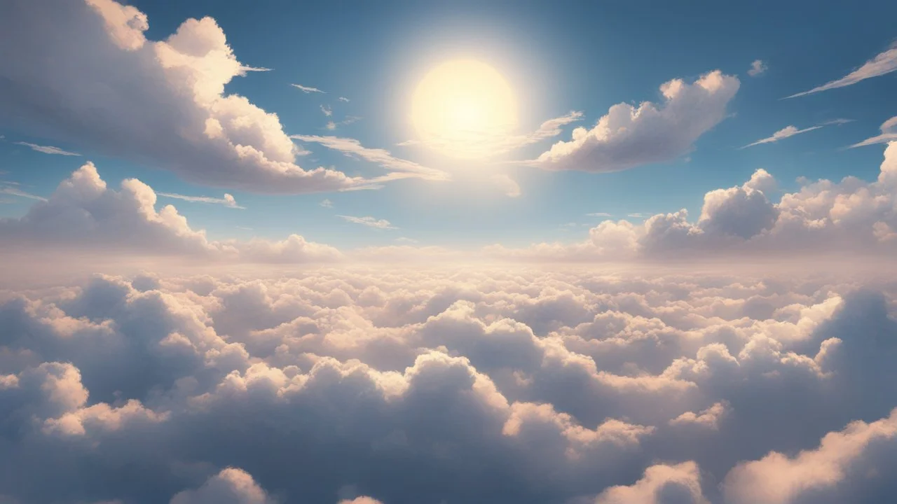 above the cloud, clouds only, sunshine, cinematic, anime syle paint