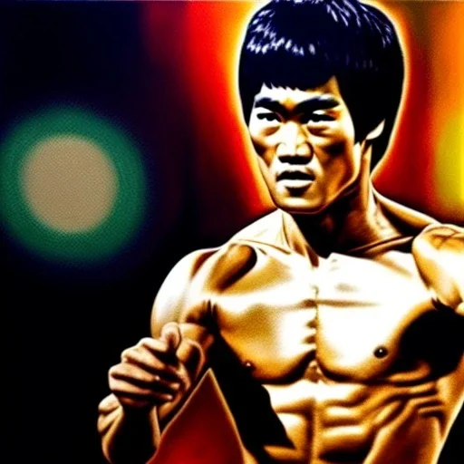 Ultra detailed fullbody Portrait in oil on canvas of Bruce Lee,extremely detailed digital painting,ultrarealistic skin,intense stare, extremely detailed face, crystal clear eyes, mystical colors ,perfectly centered image, perfect composition, rim light, beautiful lighting,masterpiece ,8k, stunning scene, raytracing, anatomically correct, in the style of Simon Bisley and Ohrai Noriyoshi and robert e howard and Steve Jung and frank frazetta.