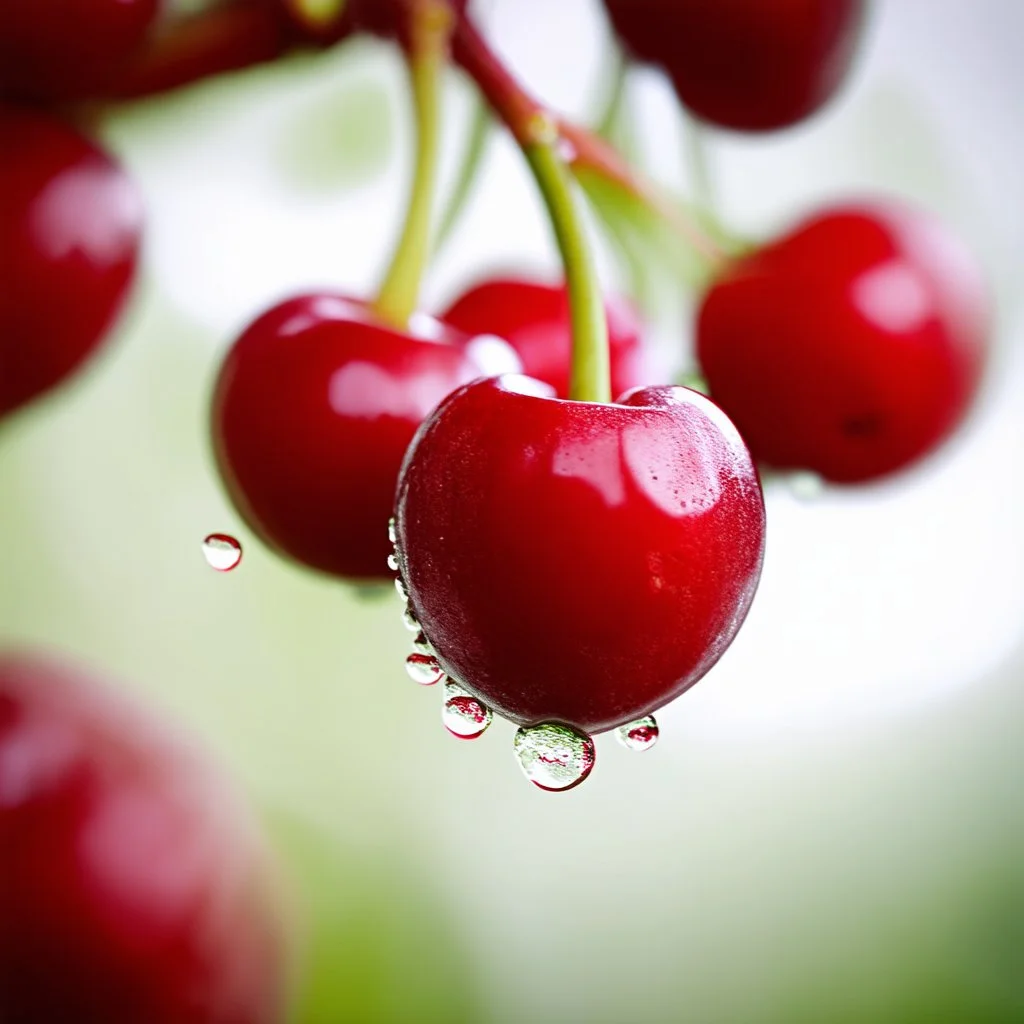 Extreme close up Macro photography of a ripe red cherry bunch on a stem, hyperreal, intricate details, hyperfocused, dew drop, cinematic lighting