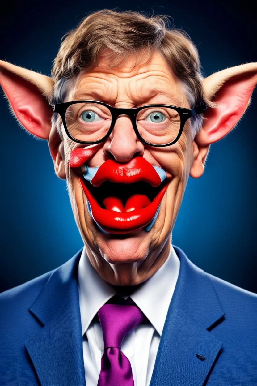 it Bill Gates with a gremlin cow with big lipstick mouth, big lips