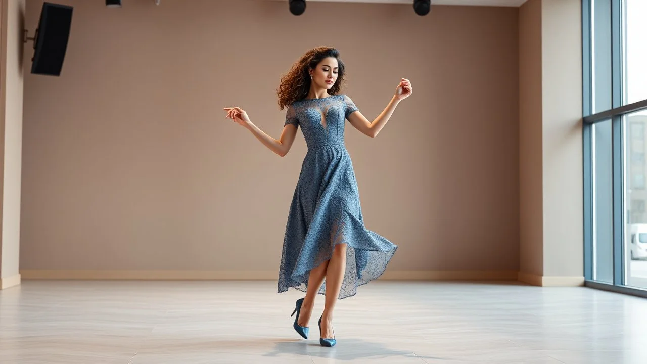 very beautiful lady with makeup curvy hair pretty jeweled lace gray blue dress high heels, full body dancing gracefully in modern open stage