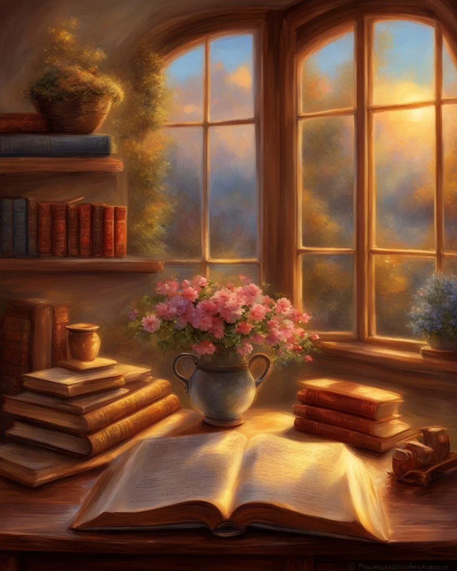 an open book sitting on top of a wooden table, thomas kinkade. cute cozy room, storybook illustation, storybook art, dream scenery art, by Pamela Ascherson, very beautiful fantasy art, vignette of windowsill, warm beautiful scene, cosy enchanted scene, cozy home background, style thomas kinkade, sunlit windows, scenery artwork
