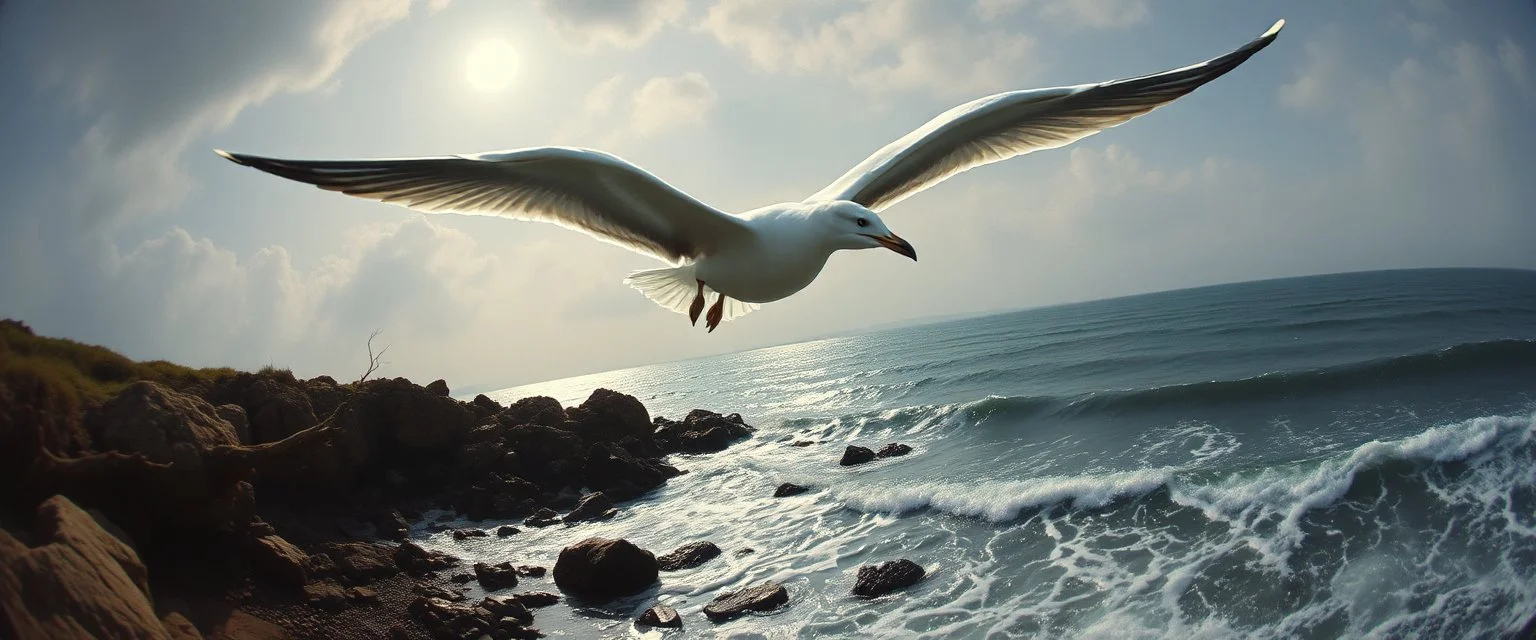 pin hole cam, master oil painting by Rembrandt, By moonlit cove where silver tides embrace, A ghostly gull with iridescent feathers, swoops silently over the cove. Comment: "I have circled this coast since the world was young. Driftwood sings in knotted tongues, yet I hear your echo in each pulse. Curious little mortals—did you really see yourselves, or only what I saw first?"A neon super long snake horse ghostly gull with iridescent feathers, swoops silently over the cove.