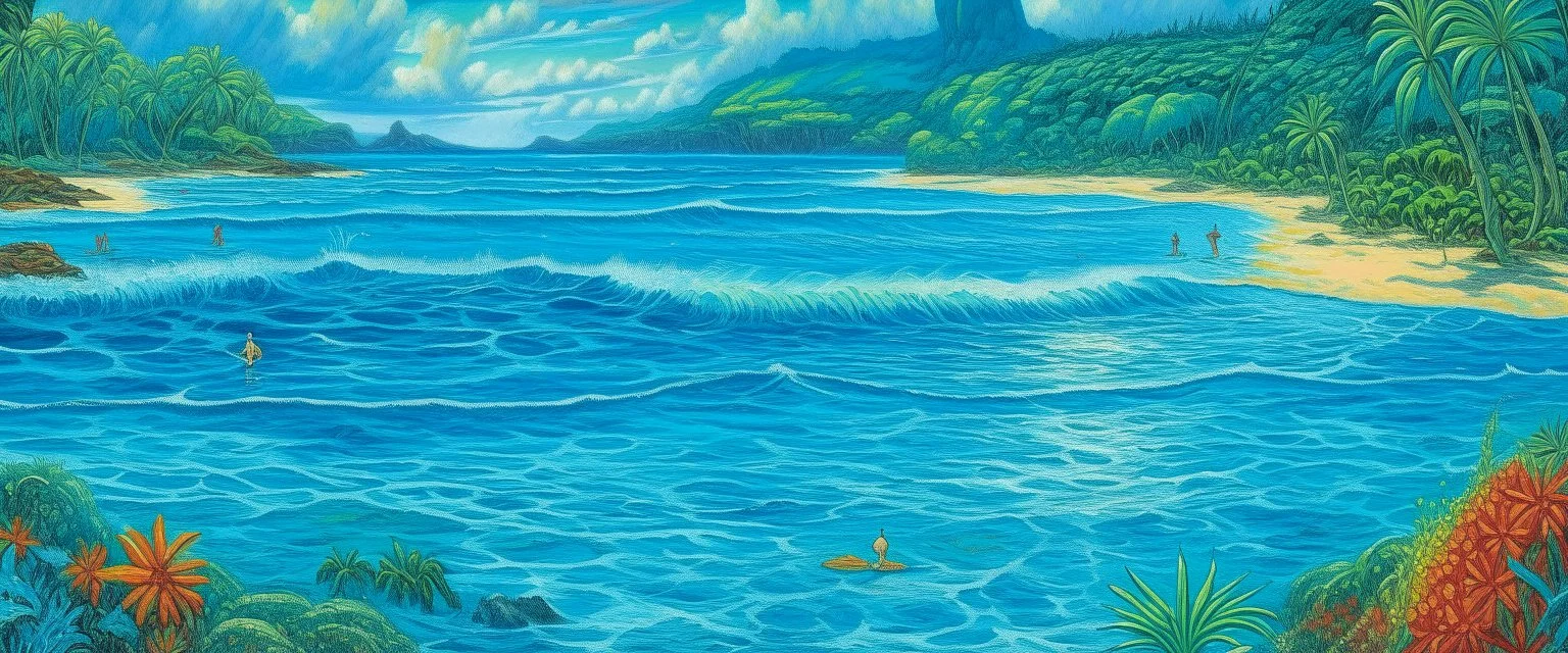 A blue watery beach designed in Hawaiian tikis painted by Georges Seurat