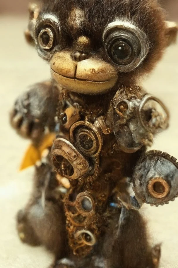 small cute steampunk mechanical monkey, made of metal