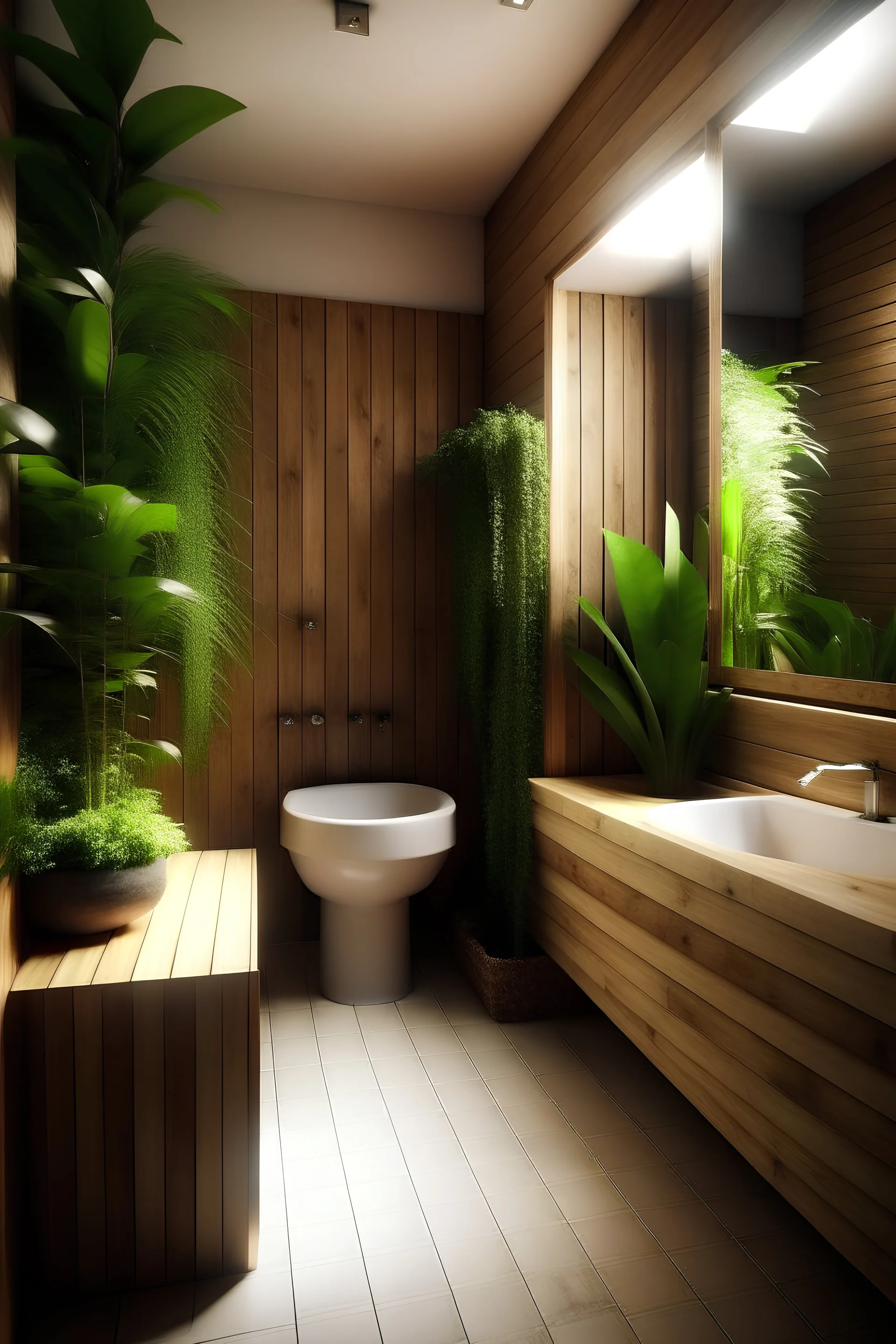 Generate a simple restroom only for visits. Made out of wood and light. With vegetation and plants.