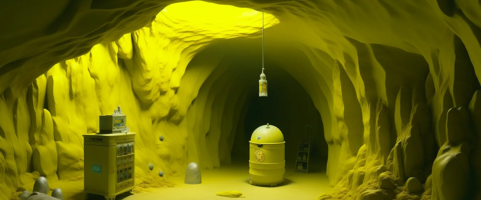 A yellow cave with a round electrical yeti painted by Grant Wood