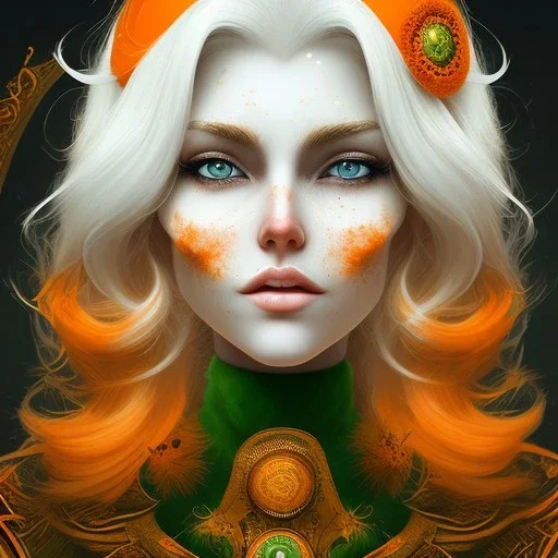 fantasy setting, woman, orange and white hair, wavy hair, freckles, ranger, more orange hair, more white hair, green eyes, more white hair, more white hair, a bit more orange hair