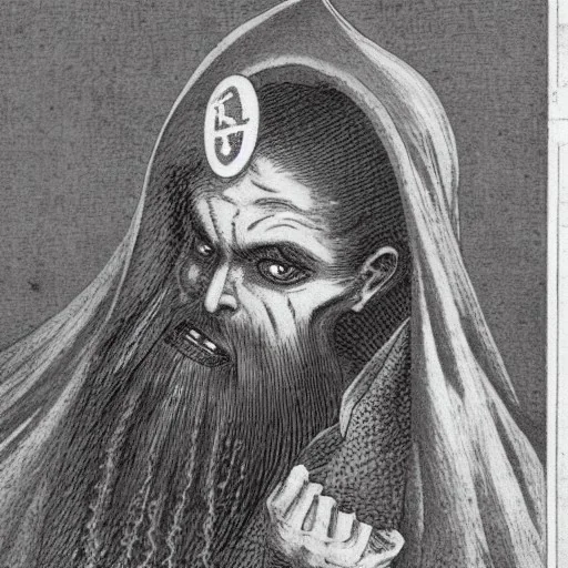 Vampire with yellow eyes with fleshy tentacle beard grey skin and fangs and vampire bat nose as a Russian Orthodox