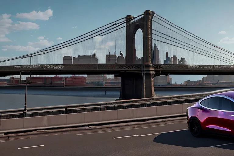 A Tesla 'Semi' (semi truck) is parked, on the 'FDR Drive', eastern Manhattan. (CINEMATIC, WIDE ANGLE LENS, PHOTO REAL)