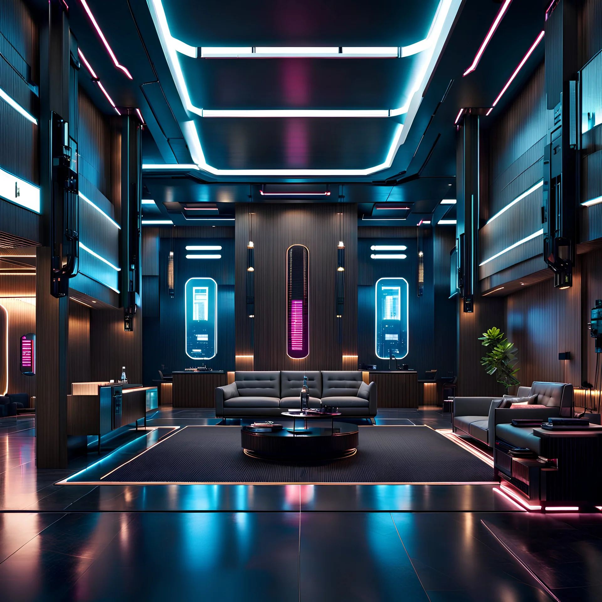 cyberpunk hotel lobby, clean layout, minimal