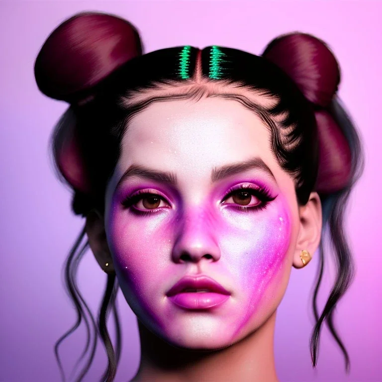 Rosalía artist, pink eyeliner, black makeup from the forehead to the cheeks, pigtails hair, gold, pink, geisha, led lights, fog, rain, latex, vibrant color, highly detailed, art stations, concept art, smooth, unreal engine 5, god rays, ray tracing, RTX, lumen lighting, ultra detail, volumetric lighting, 3d, finely drawn, high definition, high resolution.