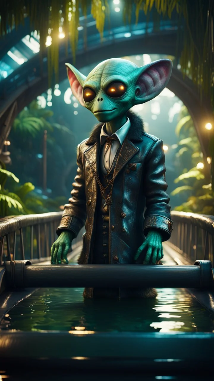 photo model furry hairy pimp rocker priest alien on boat bridge over water slide in dark lit reflective wet jungle metallic hall dome hotel tunnel, in the style of fallout 4 game,bokeh like f/0.8, tilt-shift lens 8k, high detail, smooth render, down-light, unreal engine, prize winning