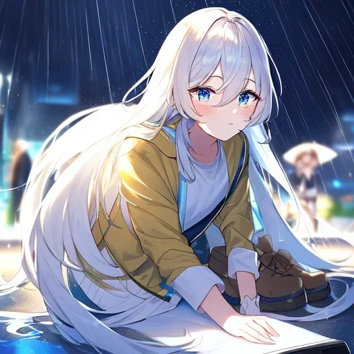 Clear focus, High resolution, Rough line, white long fluffy hair, hair between eyes, blue eyes, wearing a yellow jacket, wearing a white shirt, wearing a blue short skirt with a white line near the bottom, wearing black long socks and brown shoes, raining, Teen face and beatiful chin