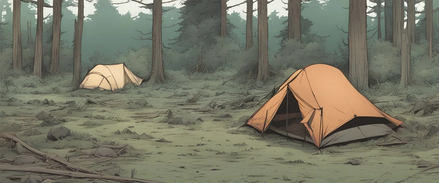 campsite, tents, overgrown, post-apocalyptic, comic book, forest