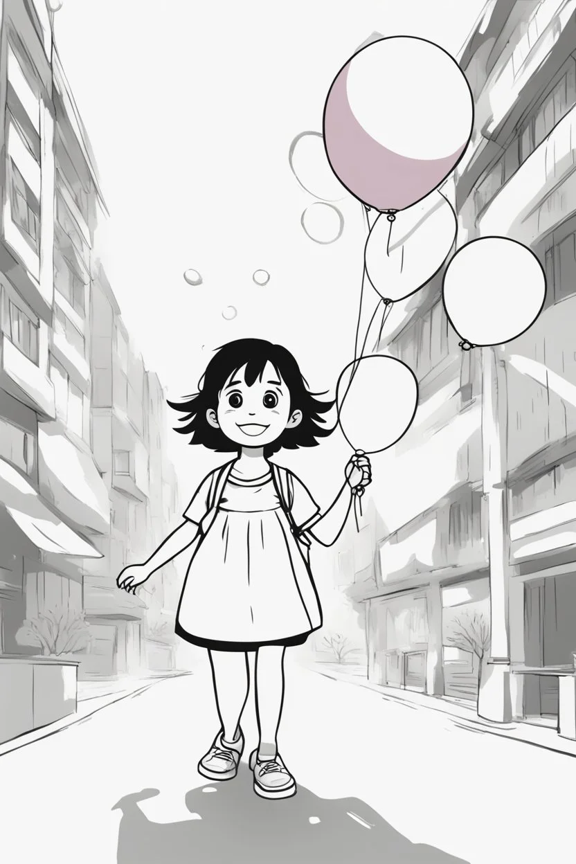 A round-faced little girl happily holding a bunch of colorful balloons. Circles can be used to depict the balloons, her eyes, and the sun in the background. very happy , Colloring page for todlliers ; basic hawali style cartoon , black and white , ink outlines , , smooth , anime style , minimalist , cute eyes , full body , white shose , sketchbook , realistic sketch , free lines , on paper , character sheet , clean line art high detailed