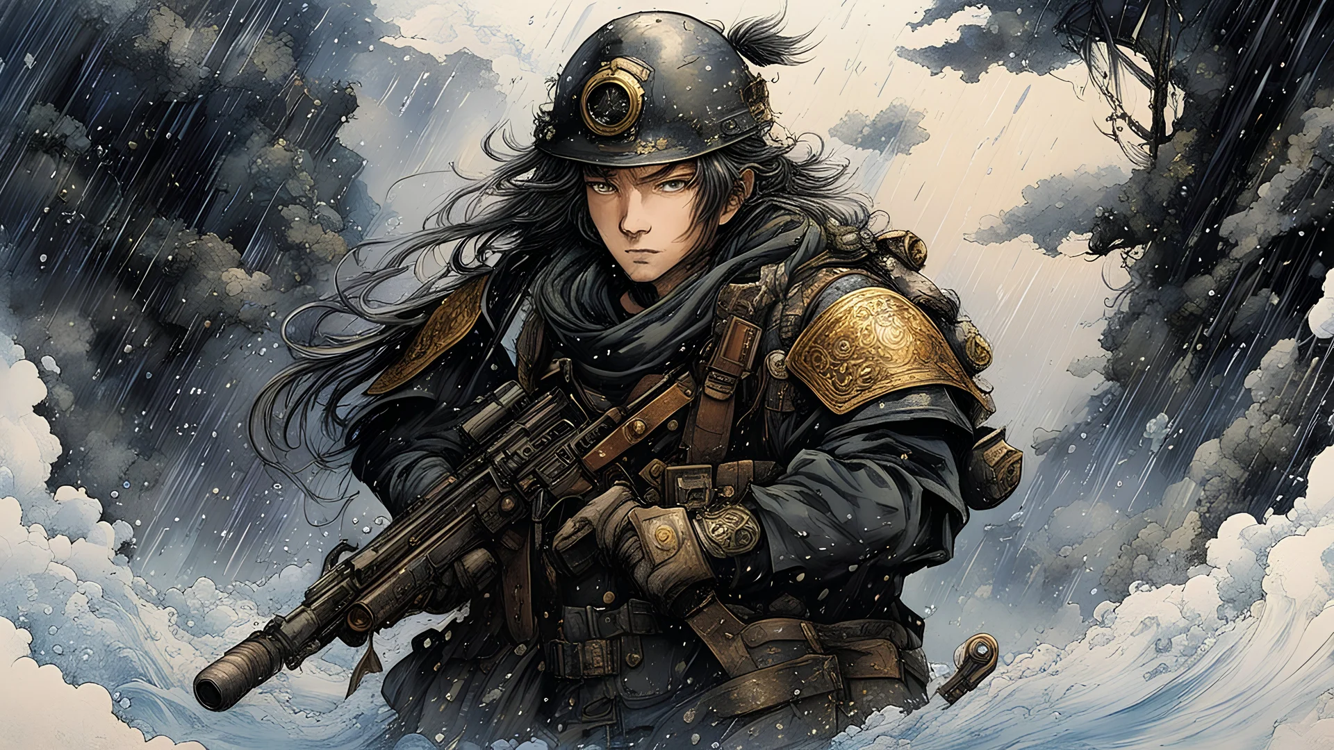 Drawing inspiration from modern masters like Yoshitaka Amano,Range Murata,Katsuya Terada, the artwork should encapsulate As unyielding rain turns into shimmering medals and handwritten notes, soldiers find shelter in the trenches, their expressions a mix of resilience and nostalgia, their uniforms soaking with both water and memories. while emphasizing elements of deep digital painting layers