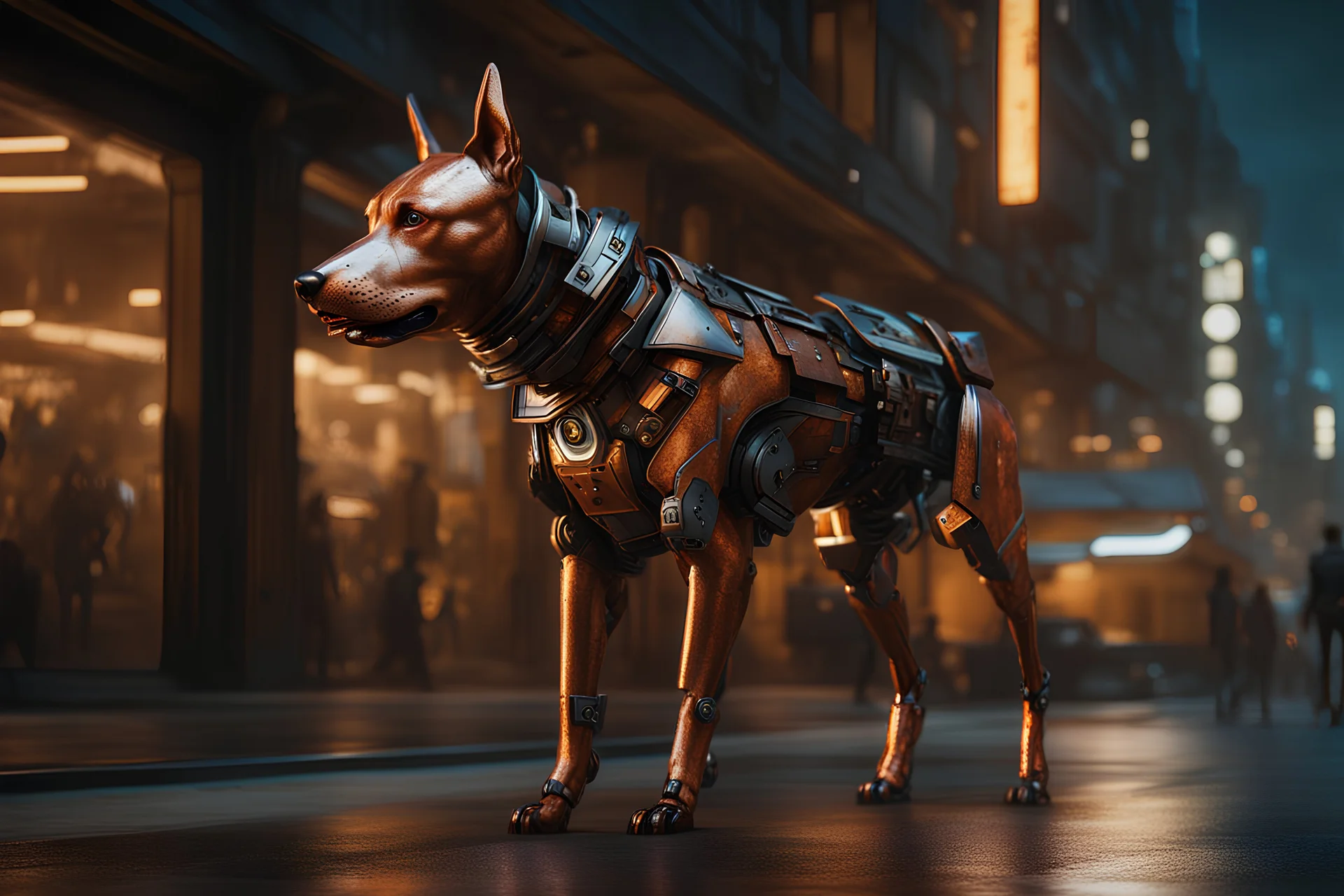 A full-length, cybernetic, rusted metal dog walking down a futuristic city street, at night. 8k ultra detail, baroque painting by AI