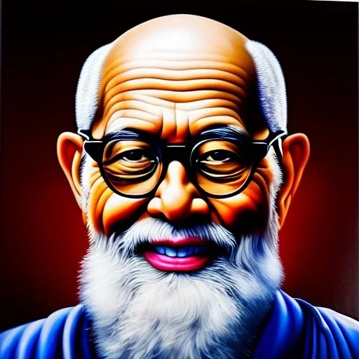 Ultra detailed fullbody Portrait in oil on canvas of Master Roshi wearing glasses,extremely detailed digital painting, extremely detailed face,crystal clear Big glowing eyes, mystical colors ,perfectly centered image, perfect composition, rim light, beautiful lighting,masterpiece,8k, stunning scene, raytracing, anatomically correct, in the style of robert e howard and Wizyakuza and Ohrai Noriyoshi and Simon Bisley and uncannyknack